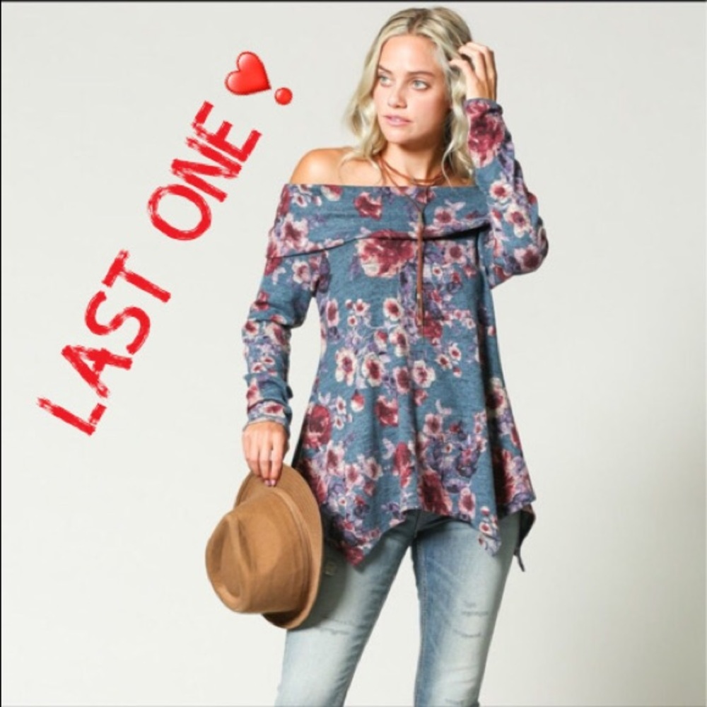DONATED!! Floral off shoulder tunic in denim blue - Picture 1 of 6